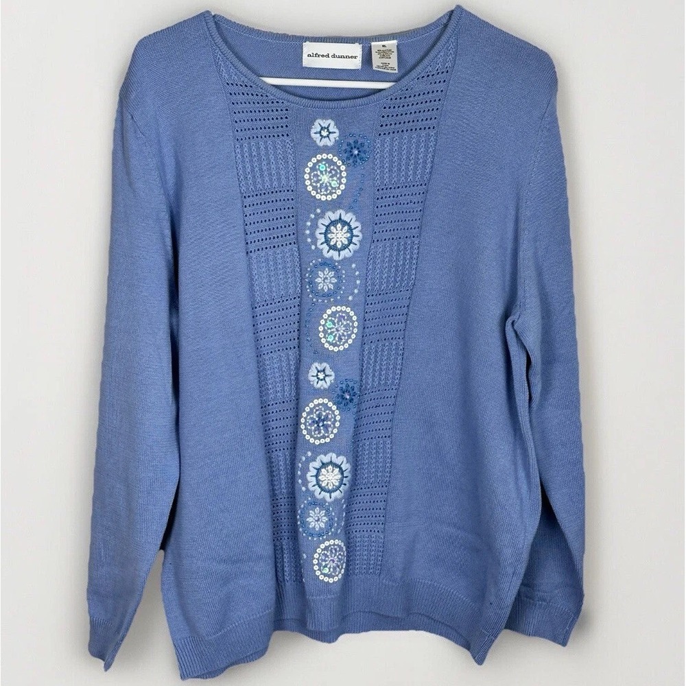 Alfred Dunner Women's XL‎ Blue Floral Embroidered Long Sleeve Knit Sweater